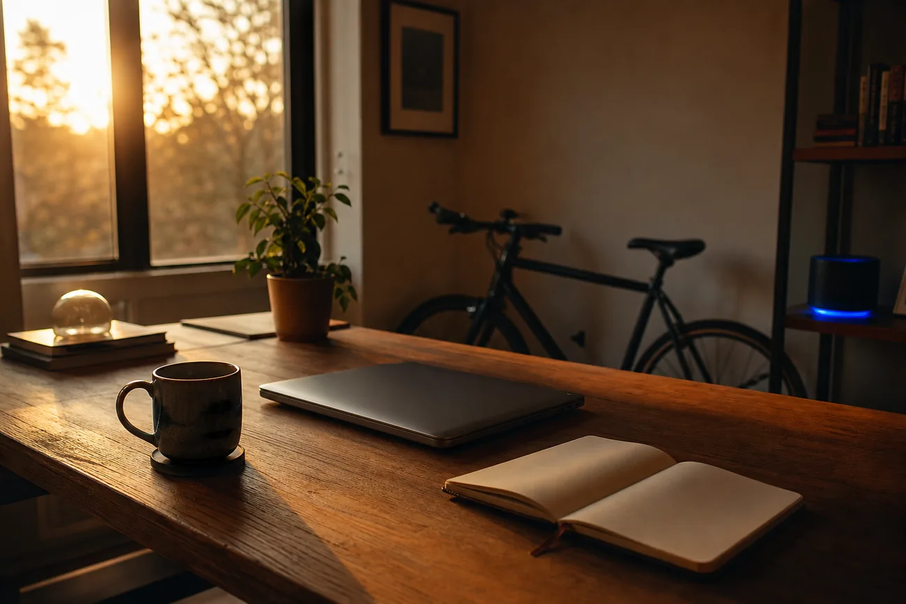A home office desk at dawn with a closed laptop, a coffee mug and warm window light