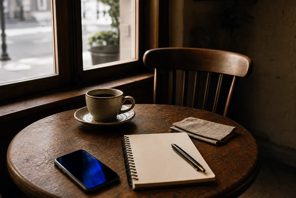 A cafe table set for a first meeting with one empty chair in morning light