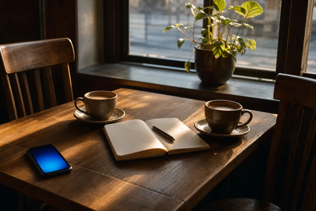 Two coffee cups and an open notebook on a sunlit cafe table