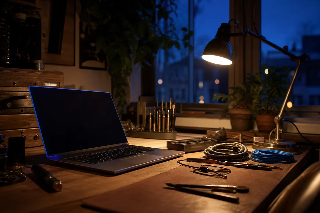 A tidy workbench at dusk with an open laptop and neatly coiled cables