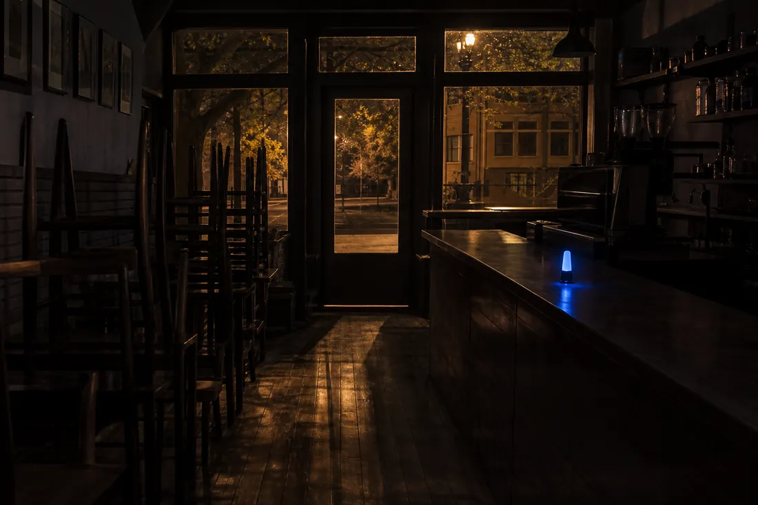 A quiet shop at night with everything tidy and one small blue light keeping watch