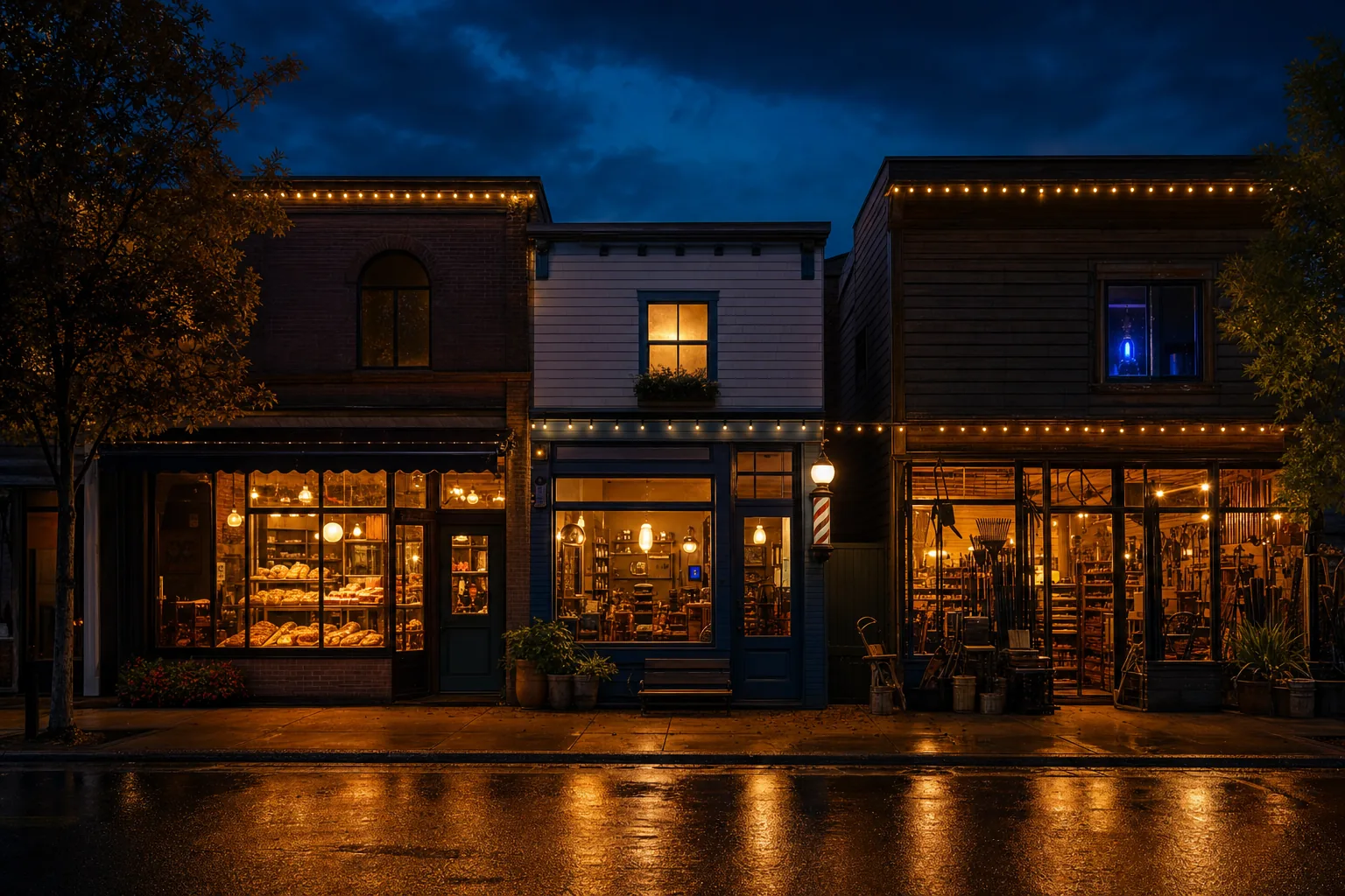 A small town main street at night with warm shop windows and one soft blue glow