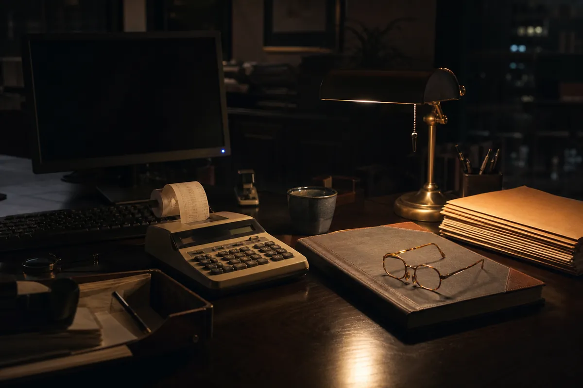 An accountant's desk late at night with an adding machine, folders, and a warm desk lamp.