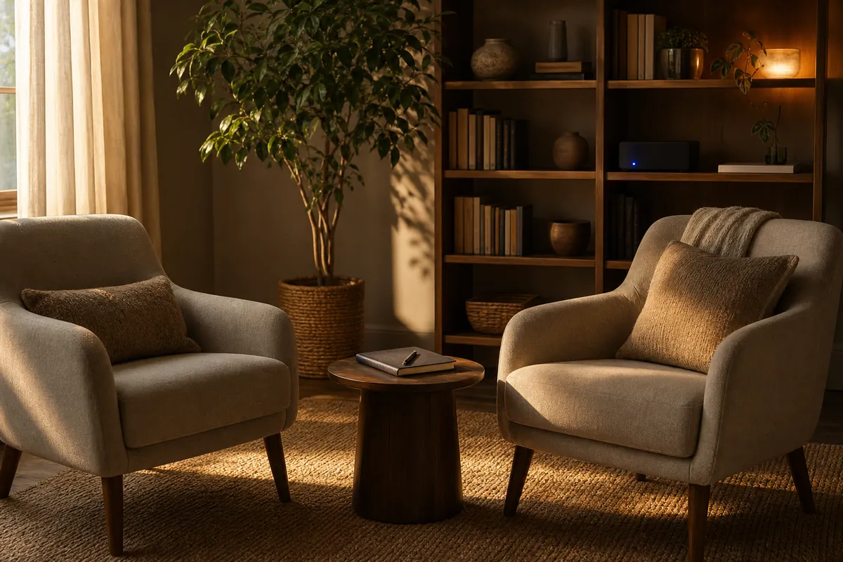 Two armchairs and a side table in a sunlit coaching room with a small blue light on a shelf speaker.
