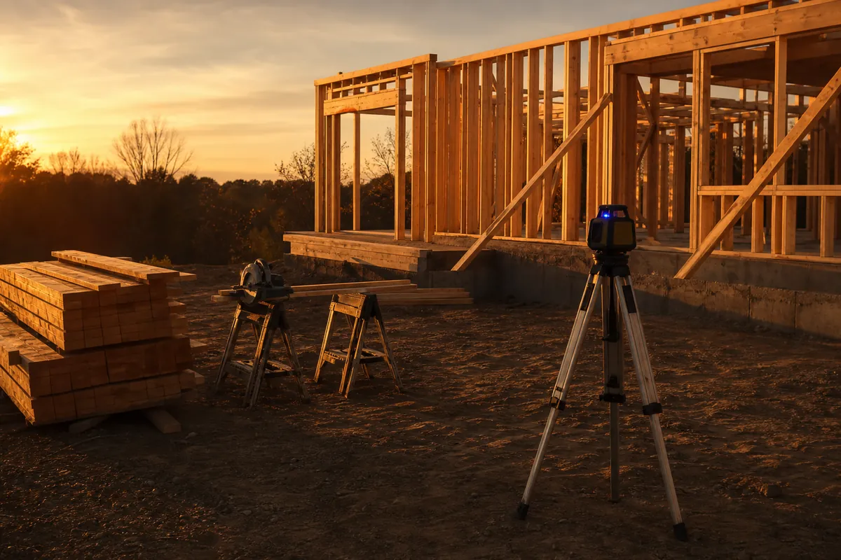 A tidy framing site at golden hour with stacked lumber, sawhorses, and a laser level on a tripod.