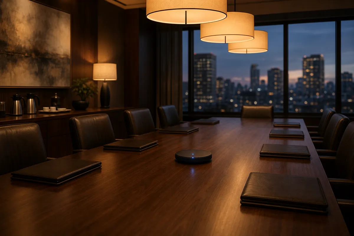 A boardroom at dusk with a long conference table, leather folios, and warm pendant lights.
