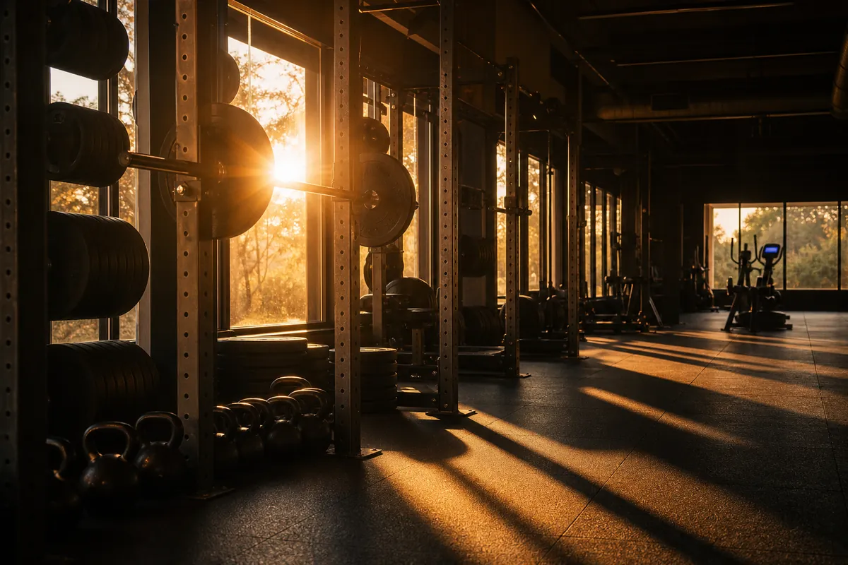 Sunrise light shines through a squat rack on an empty gym floor with a small blue glow on a cardio machine.