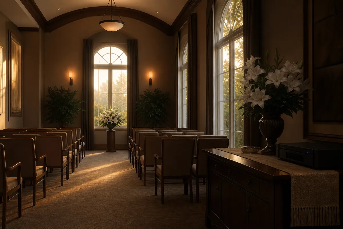 A quiet chapel at dawn with rows of chairs, white lilies, and a small blue light on a console table.