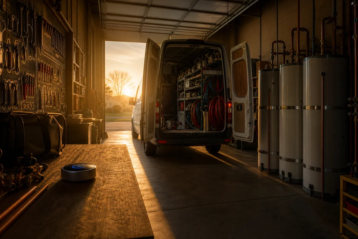 A service garage at dawn with an open panel van, a pegboard of tools, and a row of water heaters.