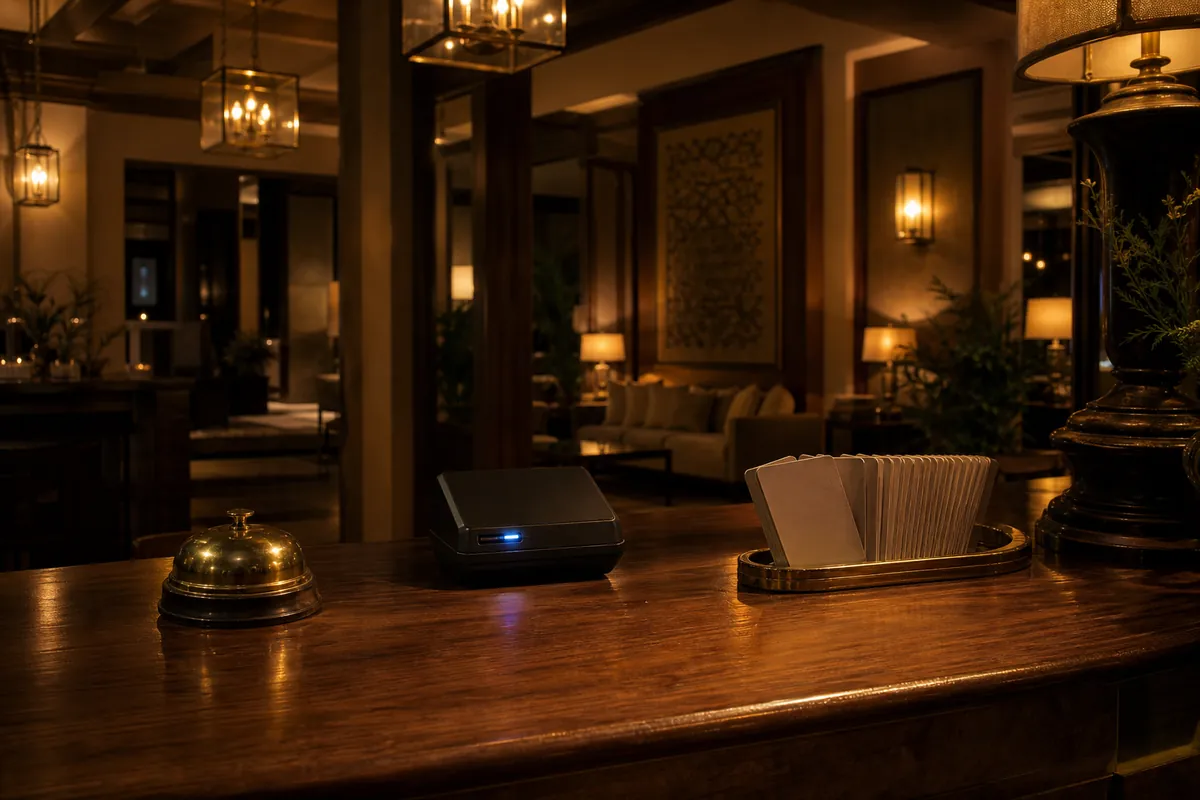 A hotel front desk at night with a brass call bell and warm pendant lamps.