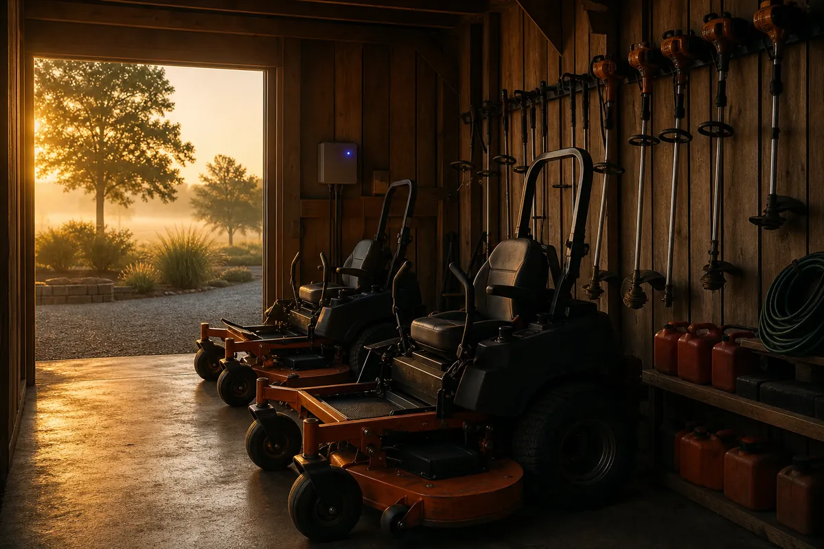 A landscaping barn at dawn with mowers parked and string trimmers hung on wall racks.