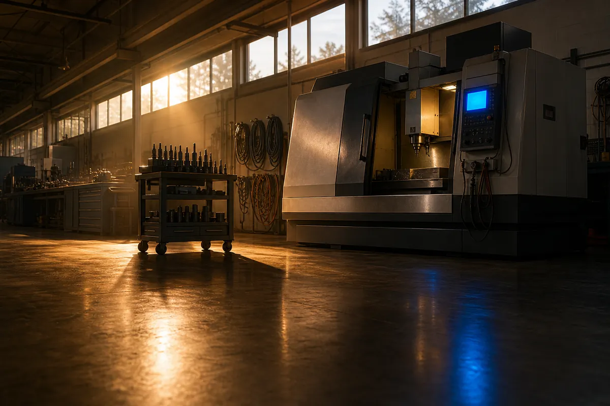 A machine shop at dawn with a CNC machine and tool cart and a small blue glow from a control panel.