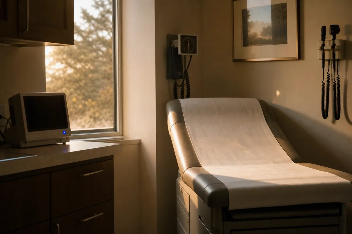 An exam room at dawn with an exam table, a blood pressure cuff, and soft golden light.