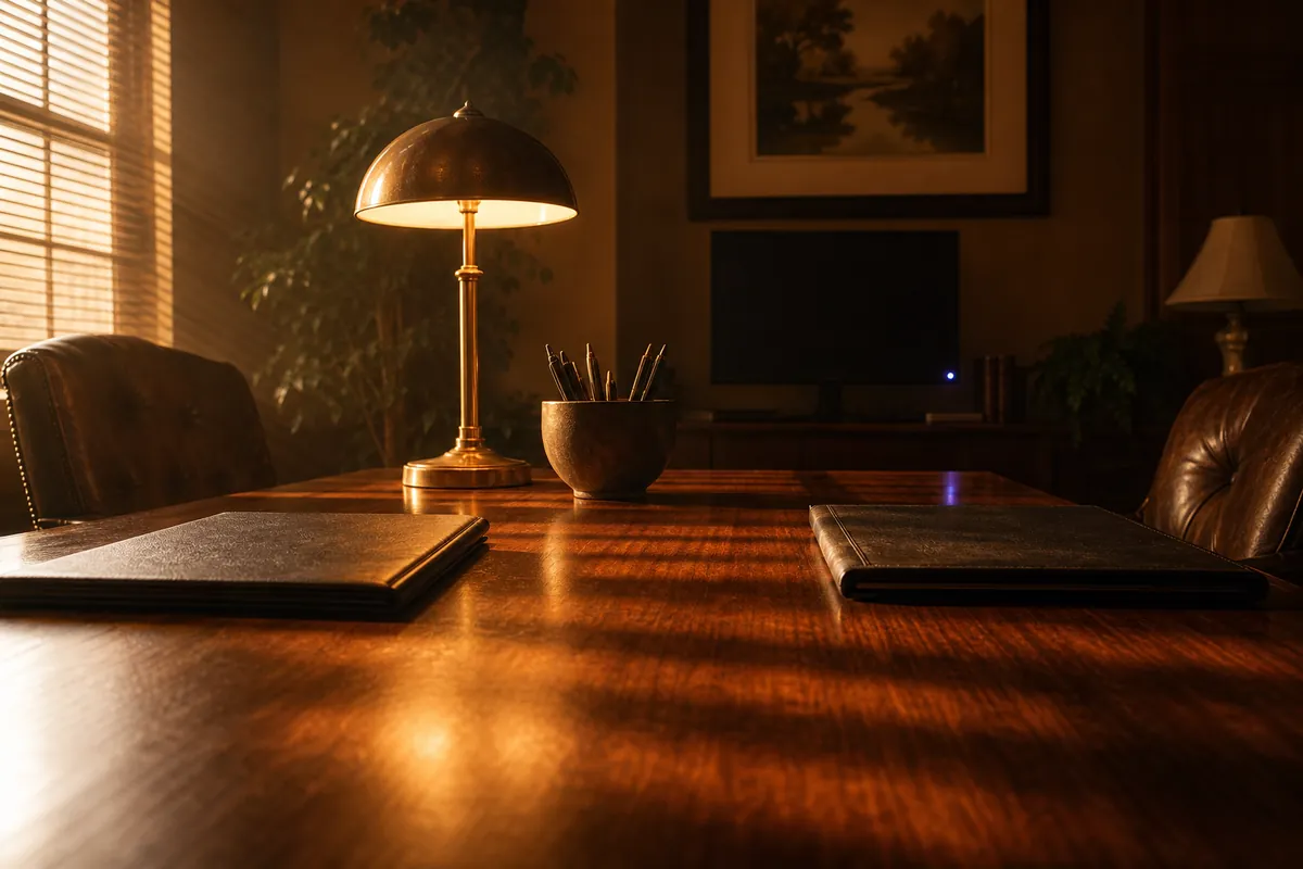 Morning sun stripes a polished closing table set with folders and a brass lamp in a lending office.