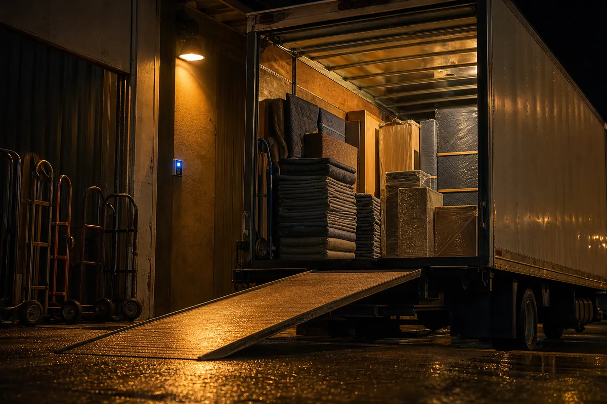A moving truck at a warehouse dock at night with folded blankets, hand trucks, and a small blue keypad glow.