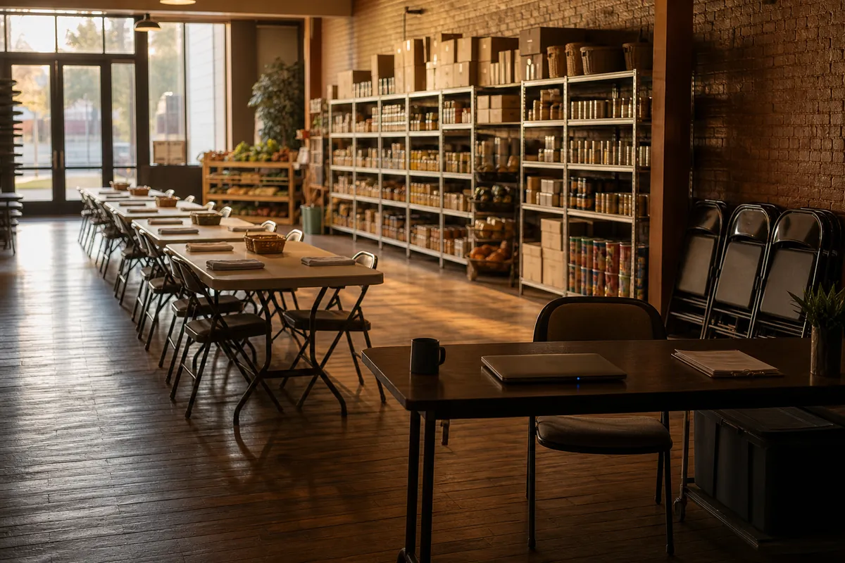A community hall at dawn with folding tables, stocked pantry shelves, and a small blue light on a laptop.