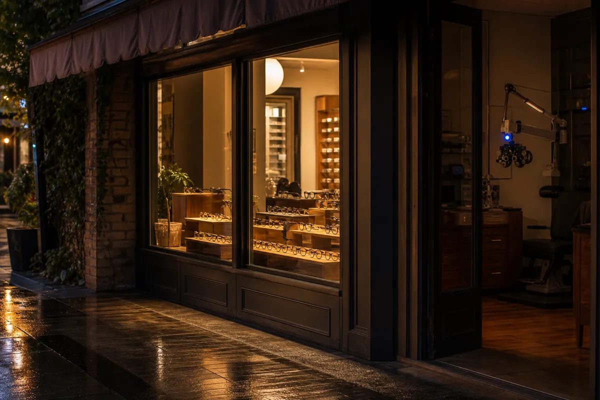 An eyewear shop glowing at dusk with frames in the window and a small blue light inside the exam room.