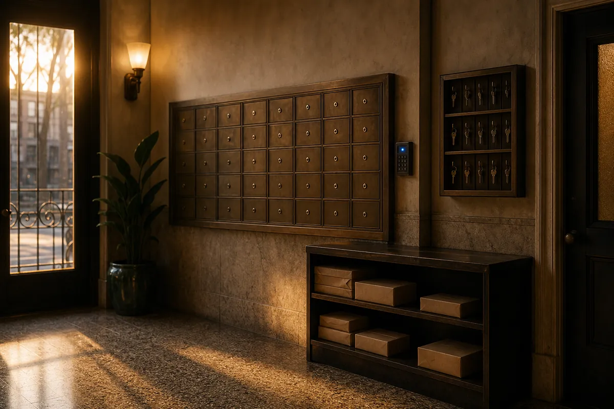 An apartment lobby at dawn with brass mailboxes, stacked parcels, and a key cabinet.