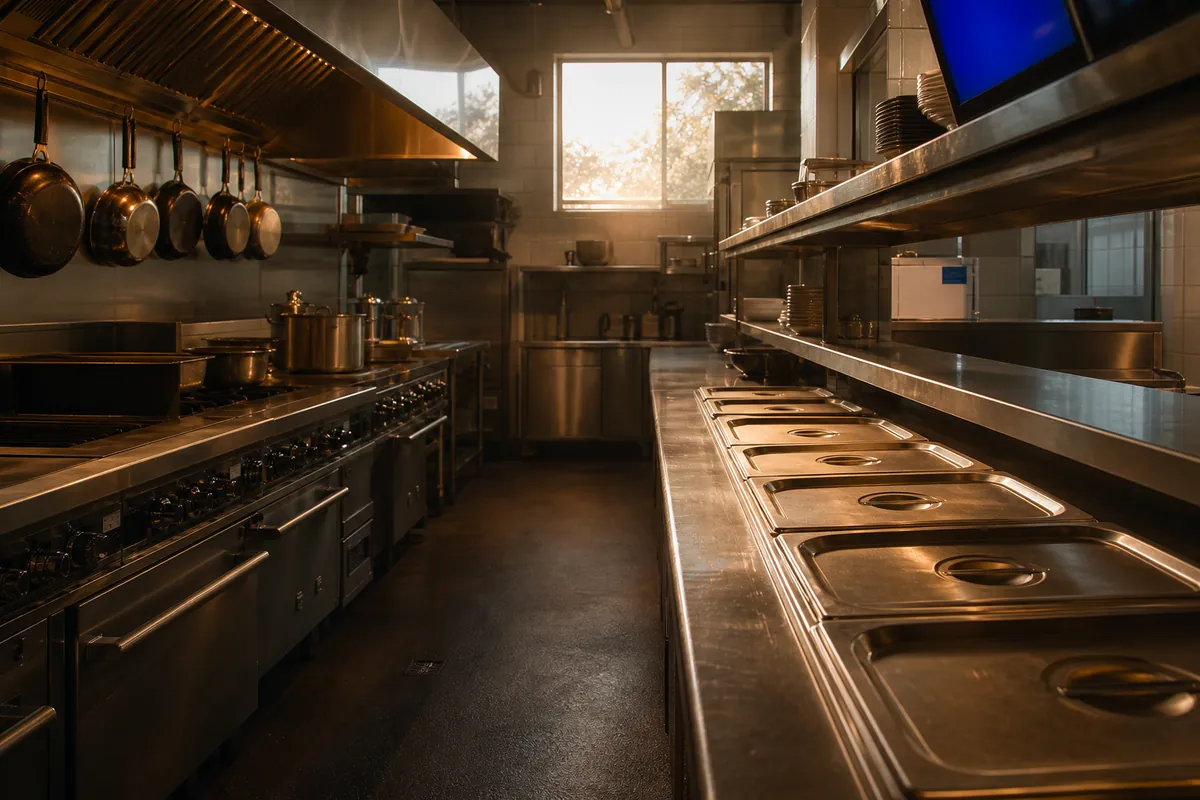A clean commercial kitchen line at dawn with stainless ranges, hanging pans, and an empty ticket rail.
