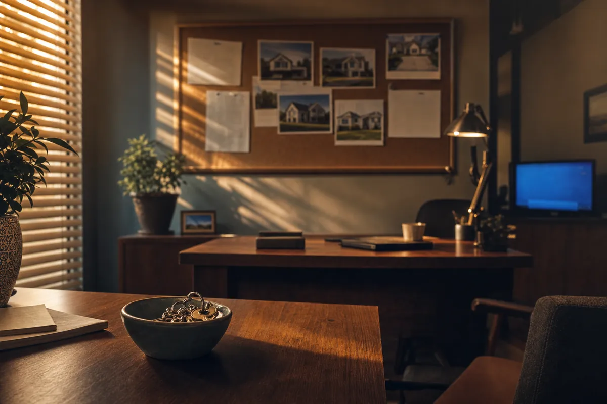 A real estate office at dawn with tidy desks and a soft blue monitor glow