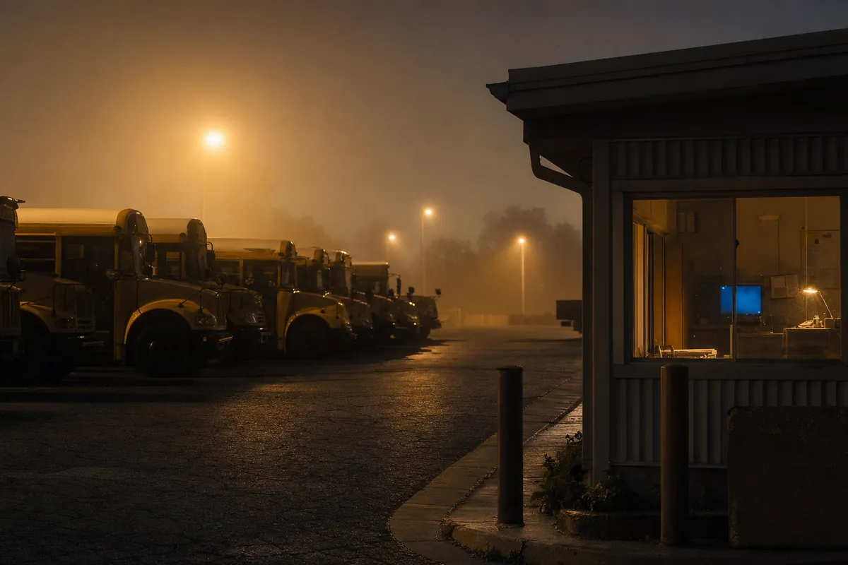 A bus depot before dawn with a row of buses and a glowing dispatch window