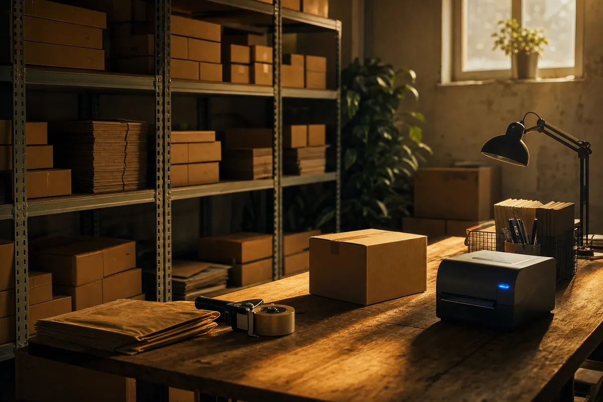 An e-commerce packing room at golden hour with shelves of kraft boxes