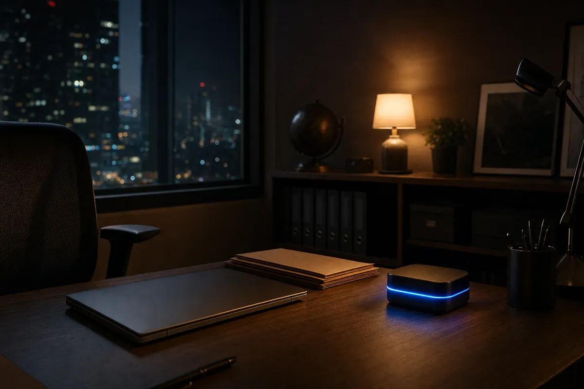 An office desk at night with a closed laptop and one small blue glow still working