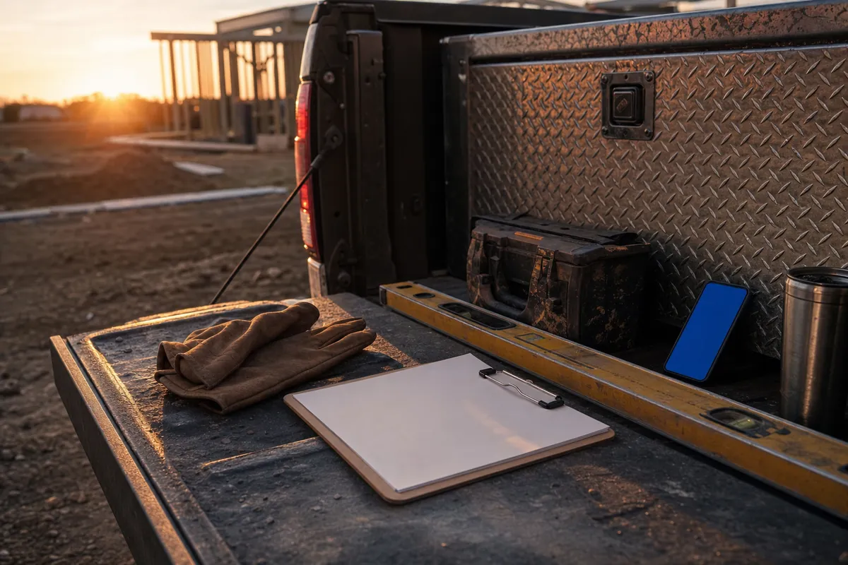 A contractor's tailgate at golden hour with gloves, a clipboard and a glowing phone
